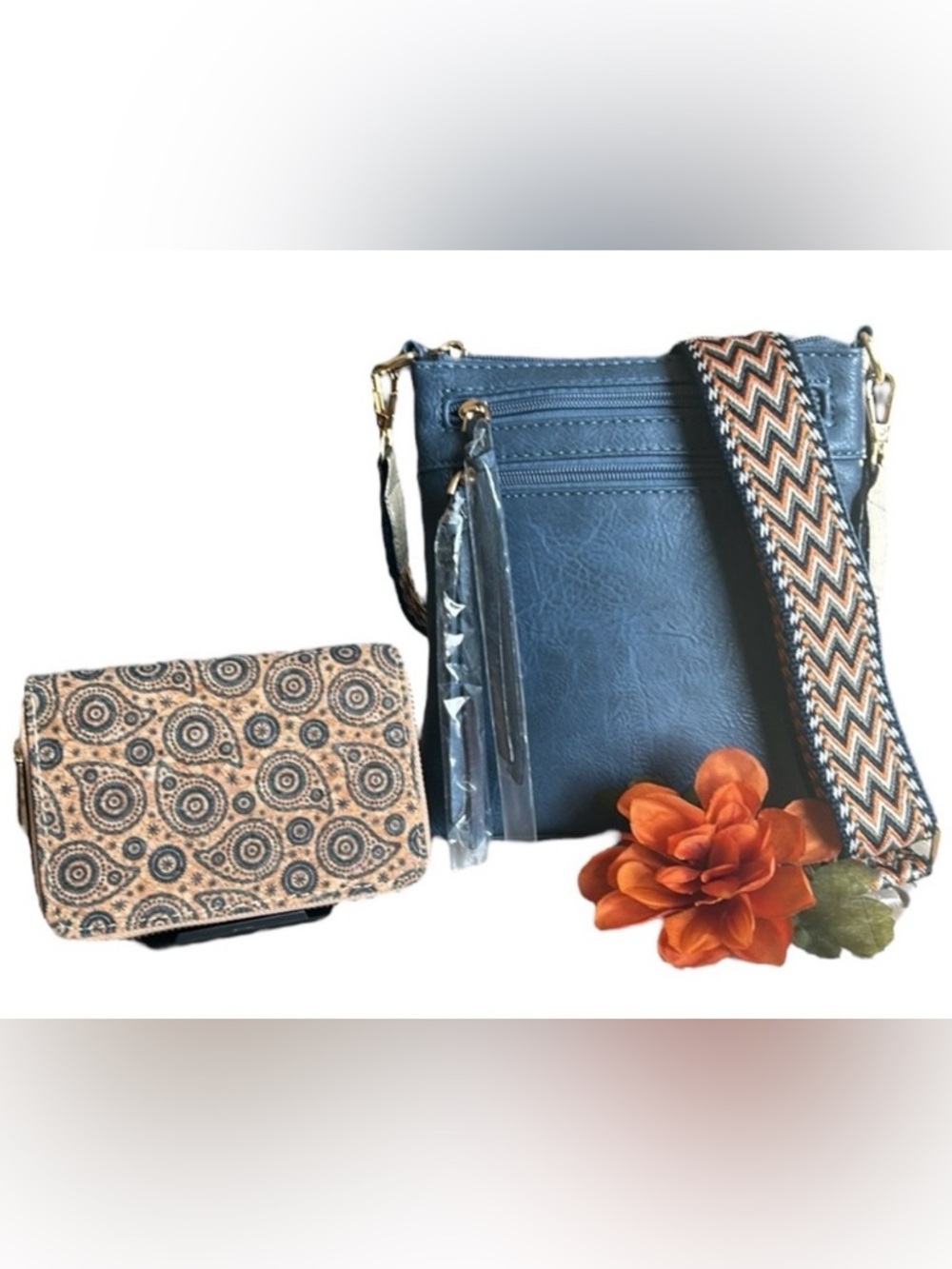 Retro Crossbody Bag Blue With Geometric Wide Strap & Vintage Paisley Wallet New